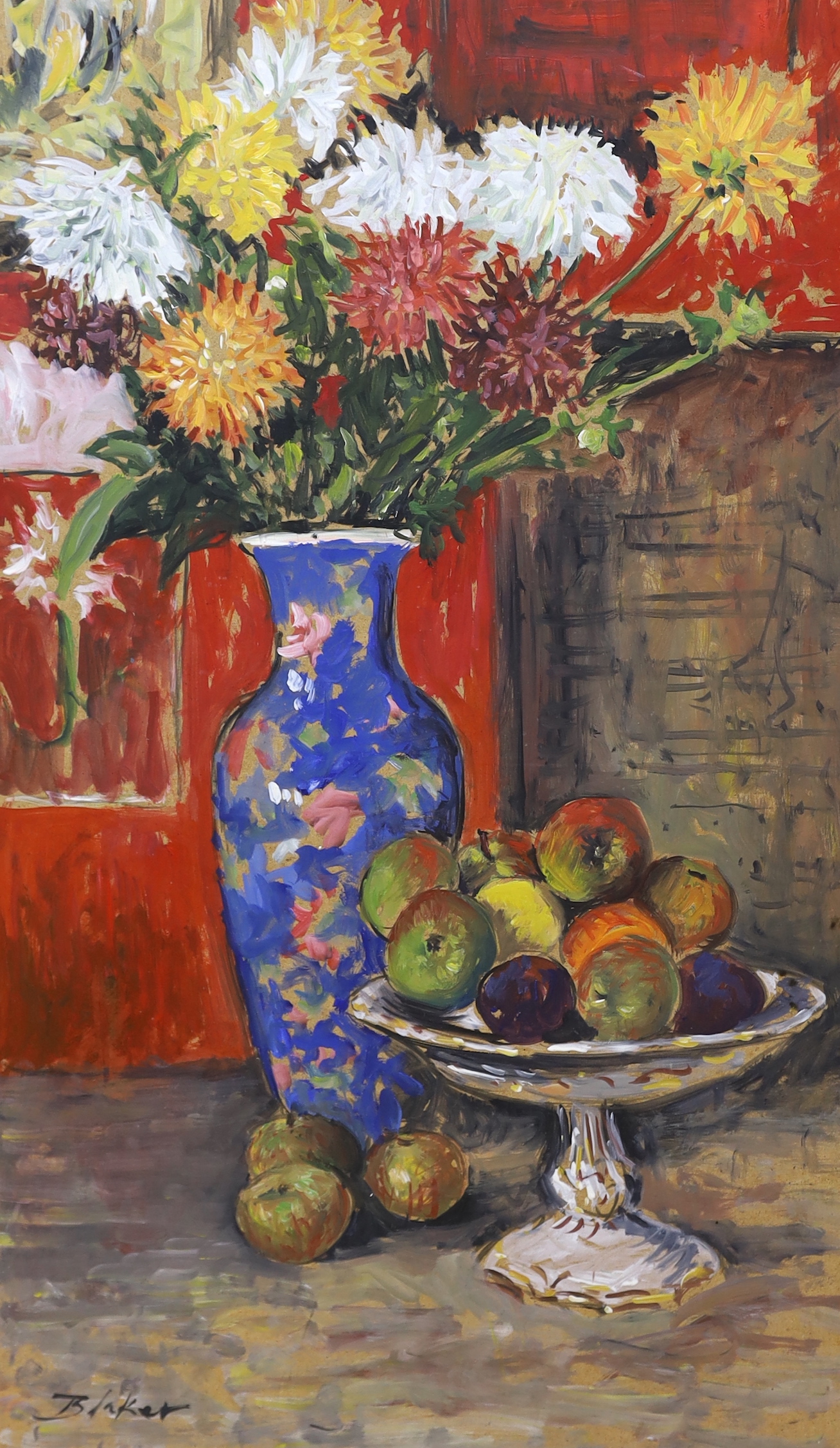 Michael John Blaker (1928-2018), two oils on board, Still life of fruit & flowers and vintage stove, signed, largest 76 x 46cm unframed